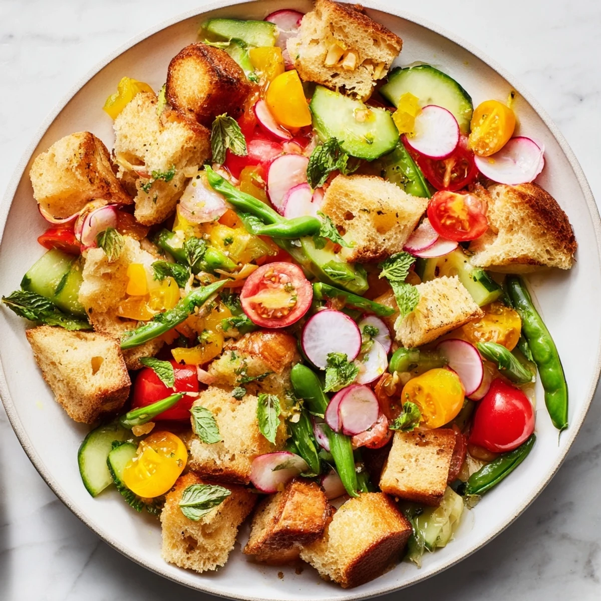 Fresh Spring Panzanella bread salad with toasted sourdough, cherry tomatoes, and aromatic mint leaves