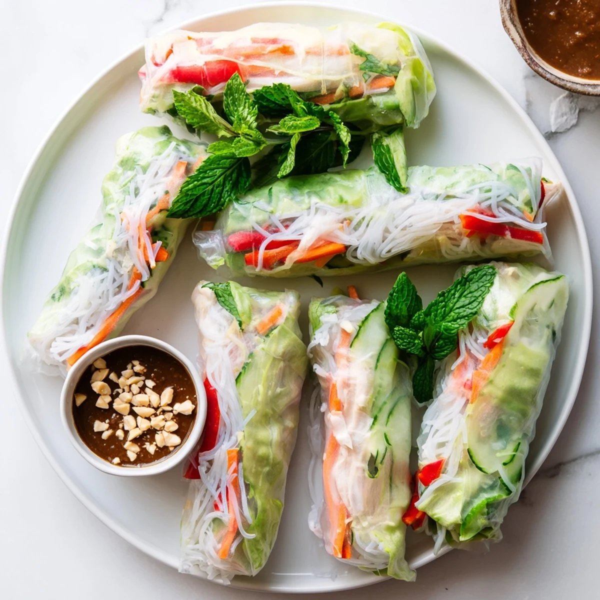 Transparent Vietnamese summer rolls with chicken displaying colorful vegetables and herbs through rice paper