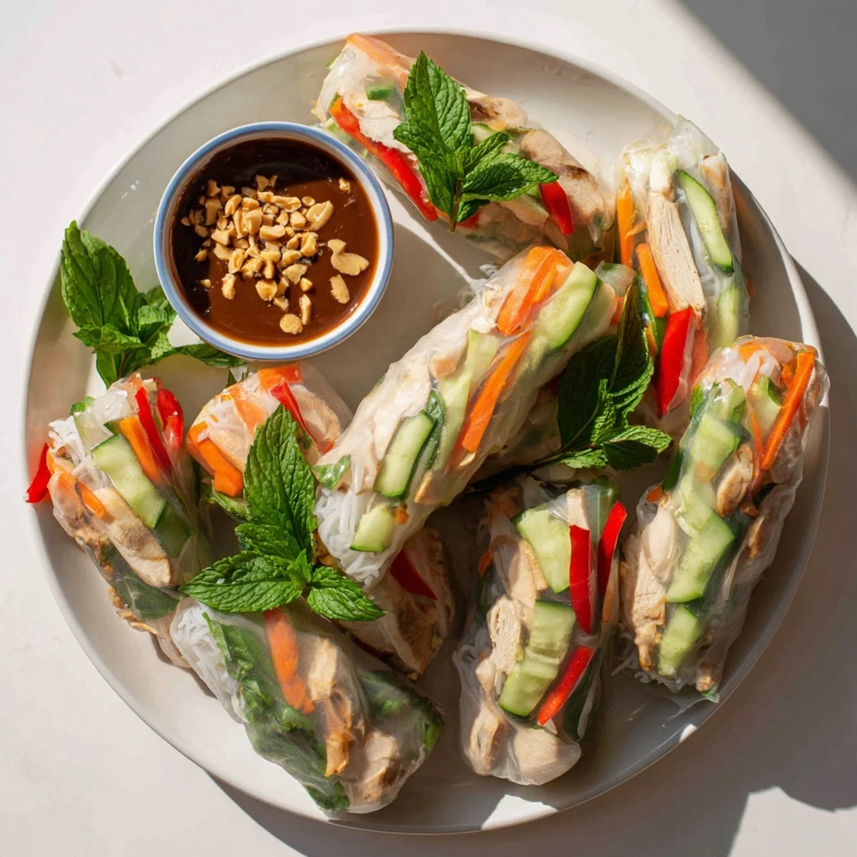 Vietnamese summer rolls with chicken arranged on a platter alongside rich hoisin peanut dipping sauce