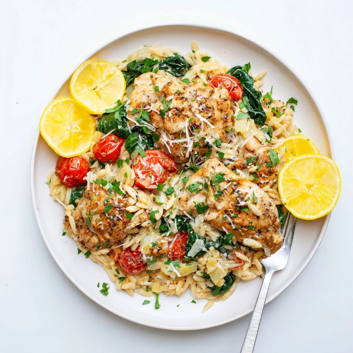 Golden seared chicken breasts nestled in creamy lemon herb orzo with vibrant cherry tomatoes and fresh spinach