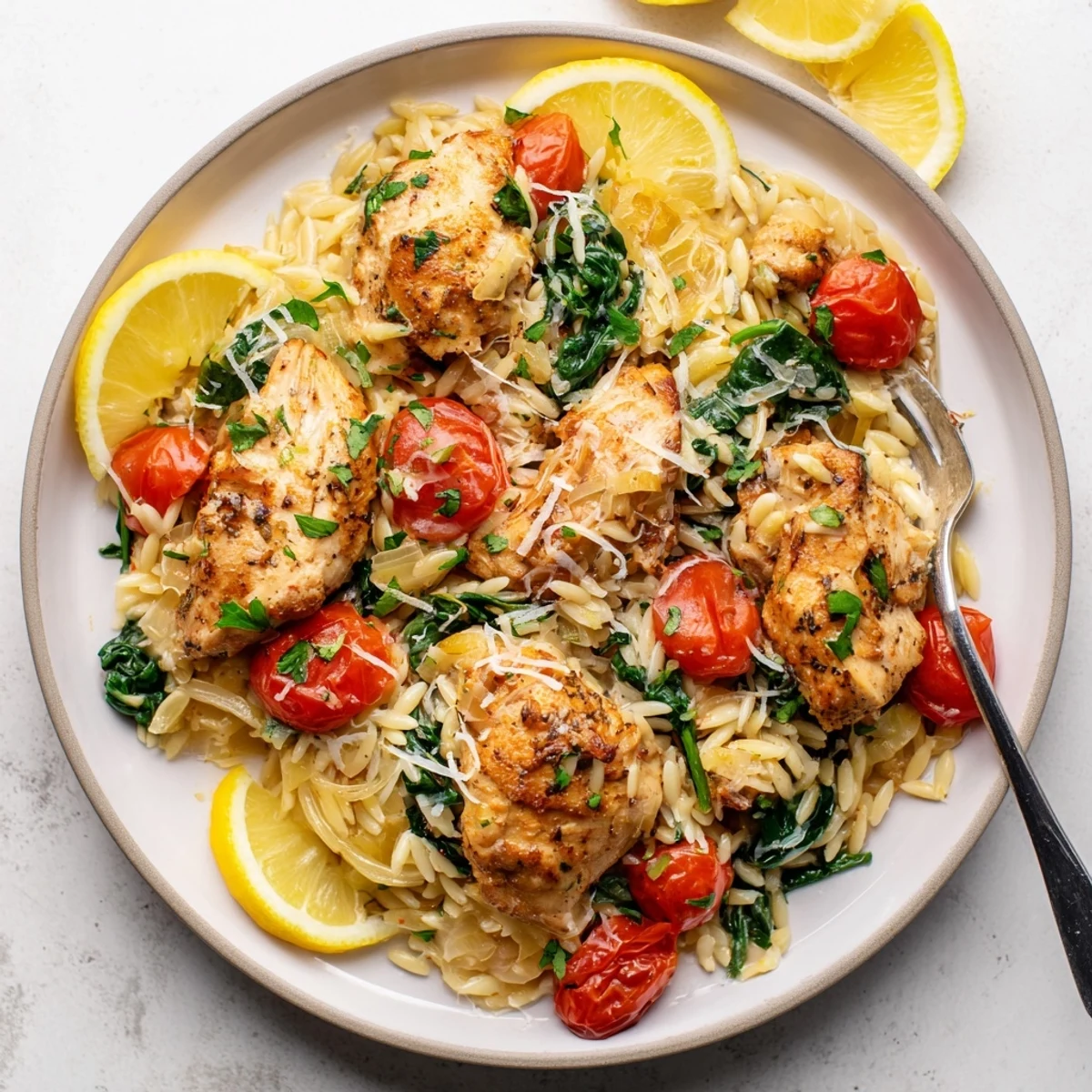 One skillet lemon herb chicken and orzo topped with grated Parmesan and fresh parsley garnish