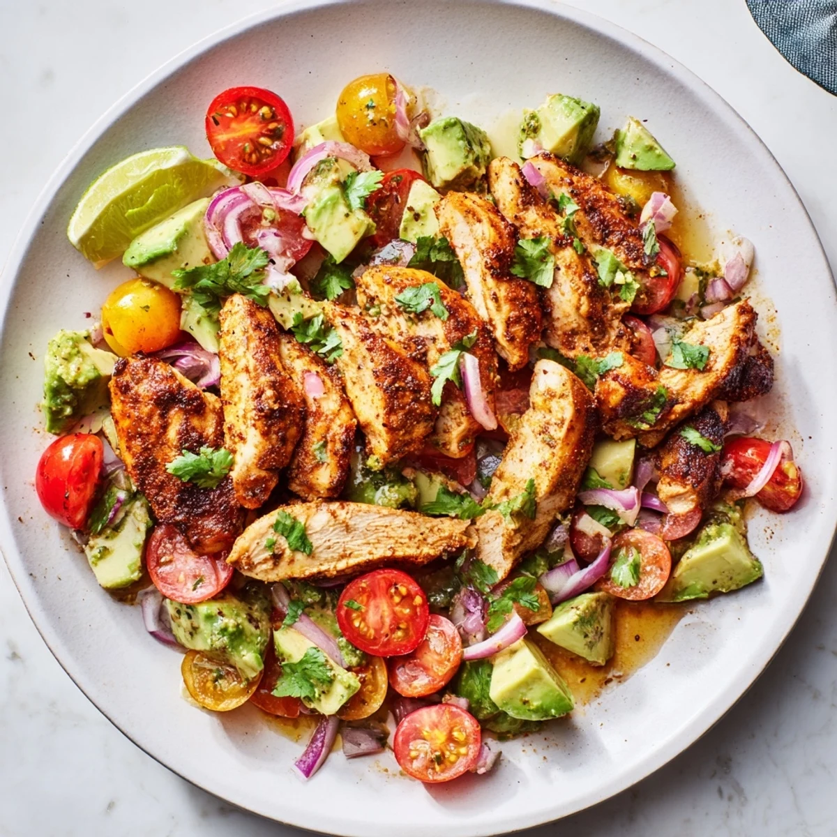 Golden pan-seared honey lime chicken slices resting over fresh diced avocado salad with vibrant cherry tomatoes