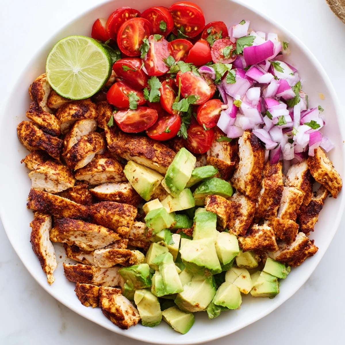 Sliced honey lime chicken breast arranged atop creamy avocado chunks with red onion and cilantro garnish