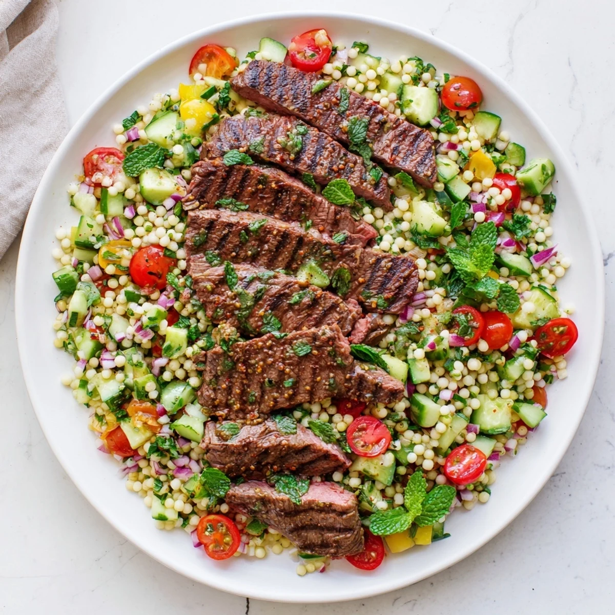 Perfectly grilled skirt steak slices resting on zesty pearl couscous salad with parsley and mint