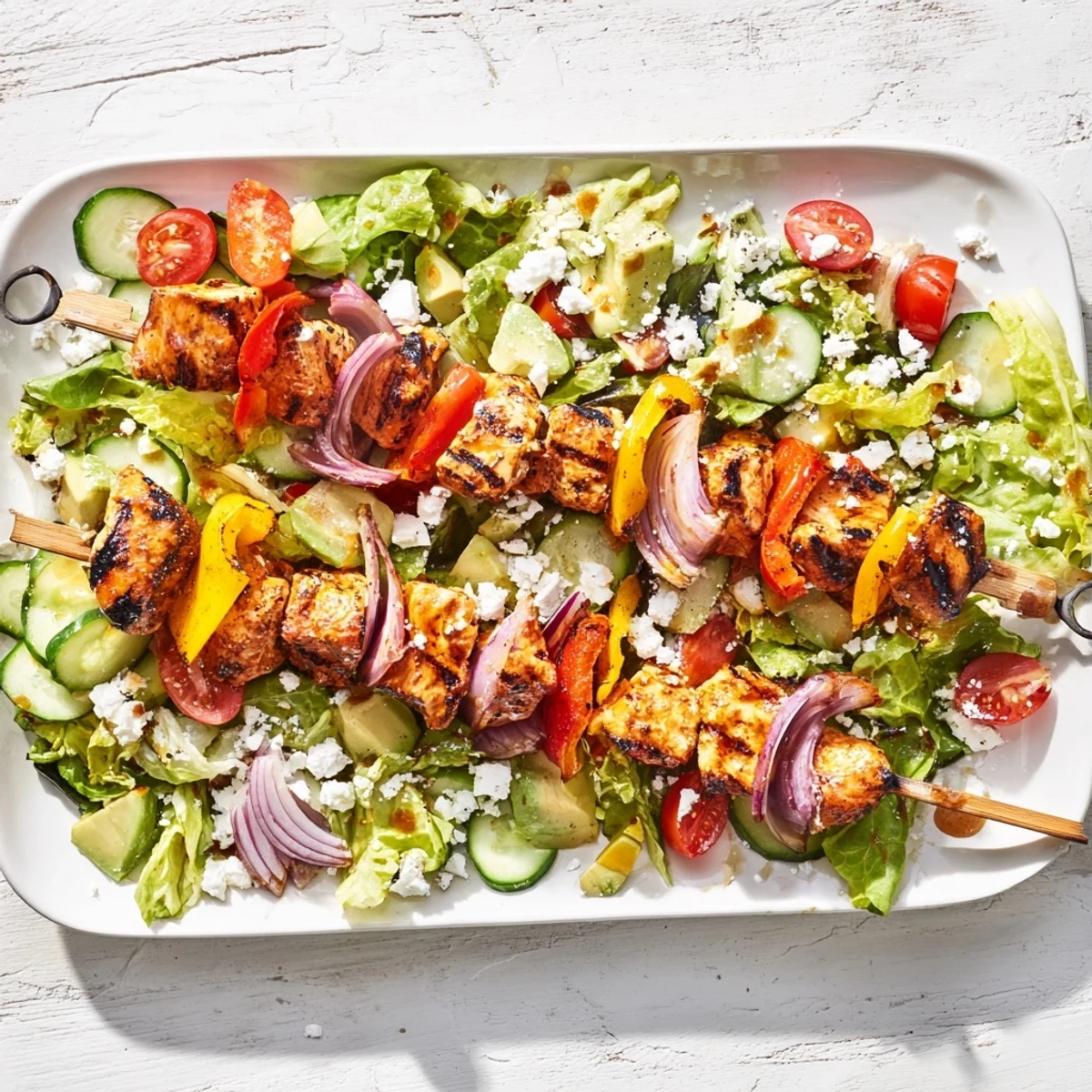 Golden BBQ chicken skewers resting on mixed greens with colorful vegetables and zesty dressing