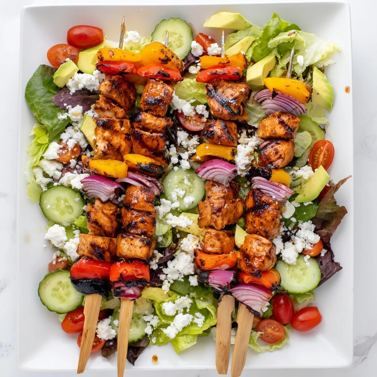 Smoky grilled BBQ chicken skewers arranged over fresh salad with ripe avocado and crumbled feta