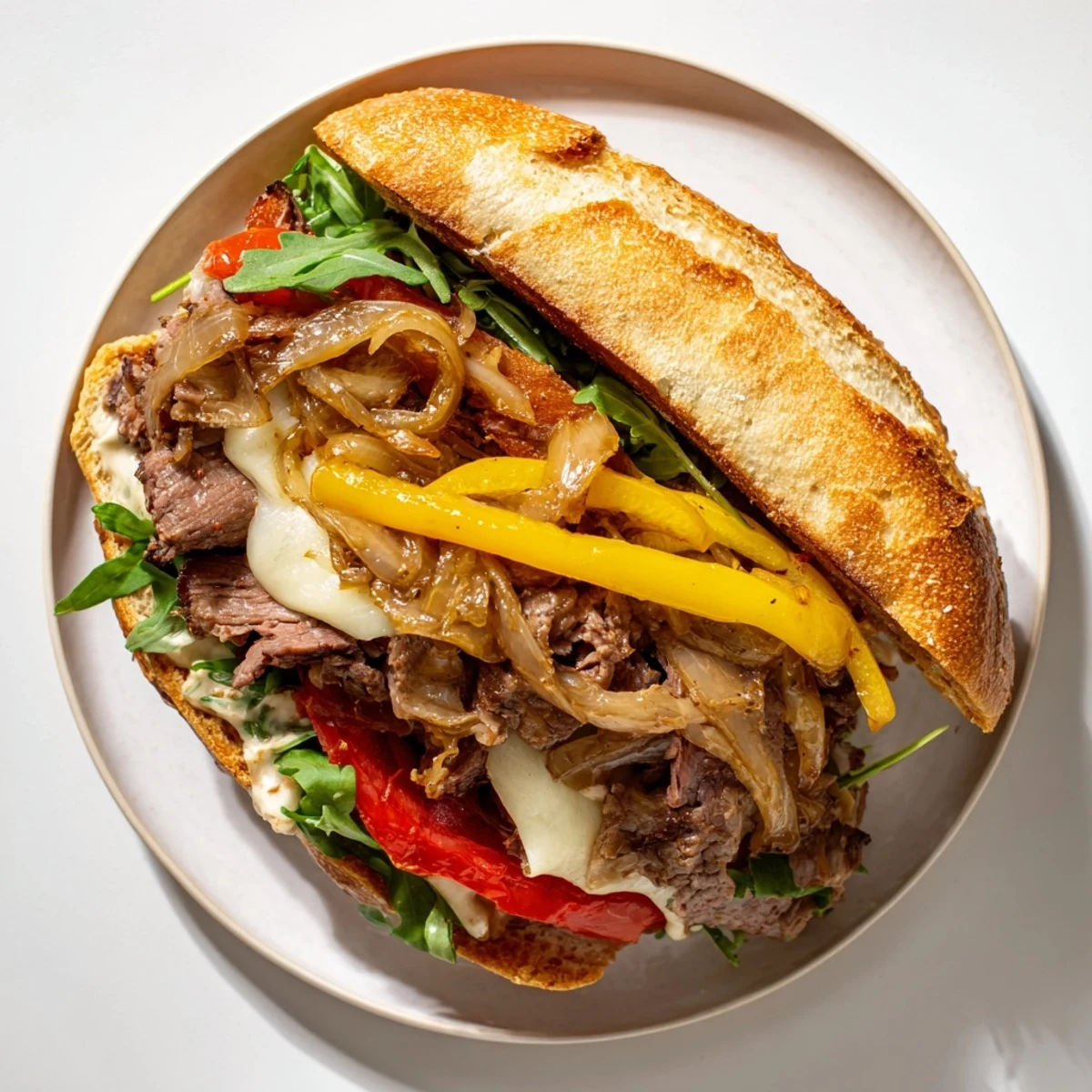 Golden brown hearty steak sandwich featuring juicy seared beef, sautéed peppers, and fresh arugula on a buttered baguette