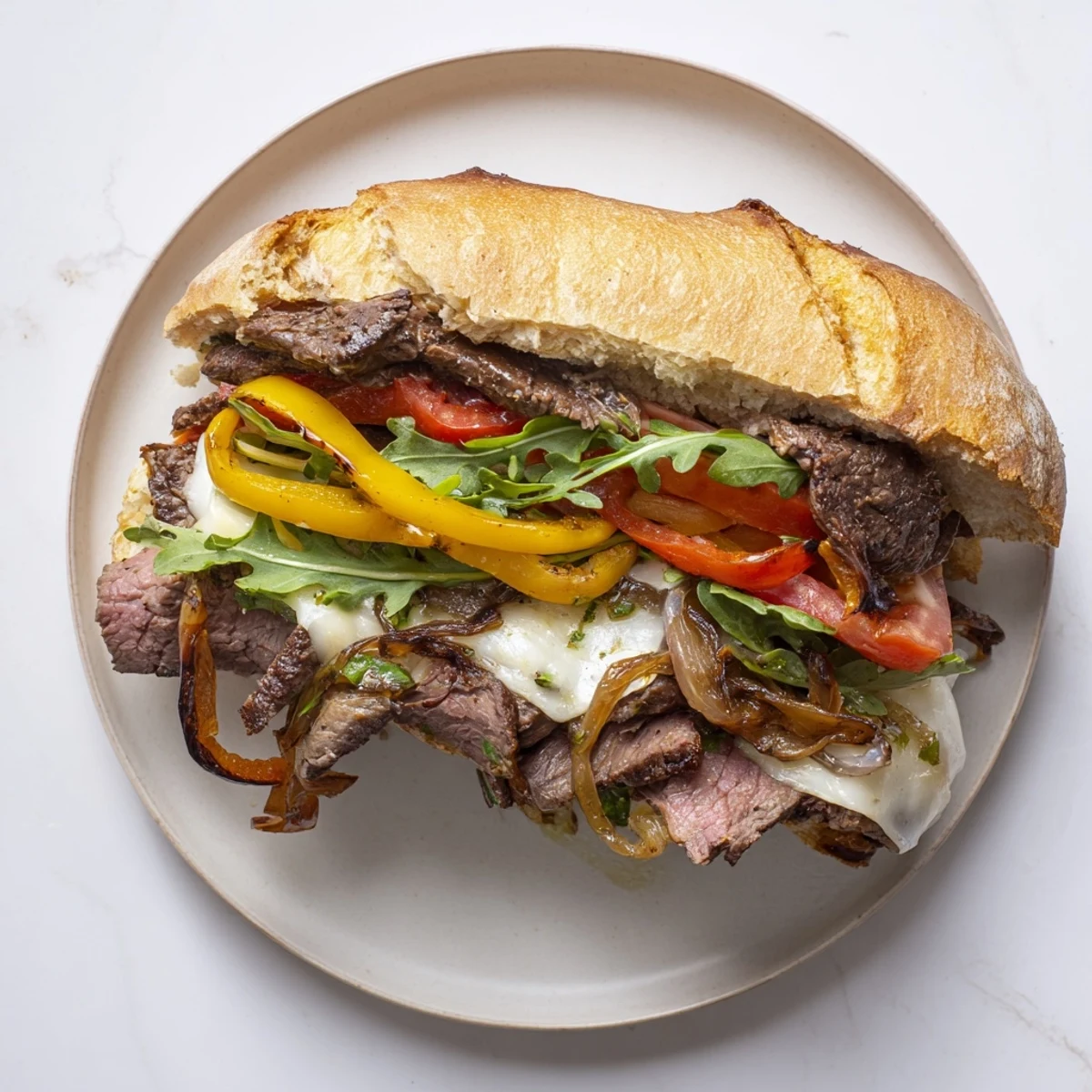 Sliced hearty steak sandwich revealing tender marinated steak, gooey Swiss cheese, and vibrant tomato layers against a crisp bread backdrop