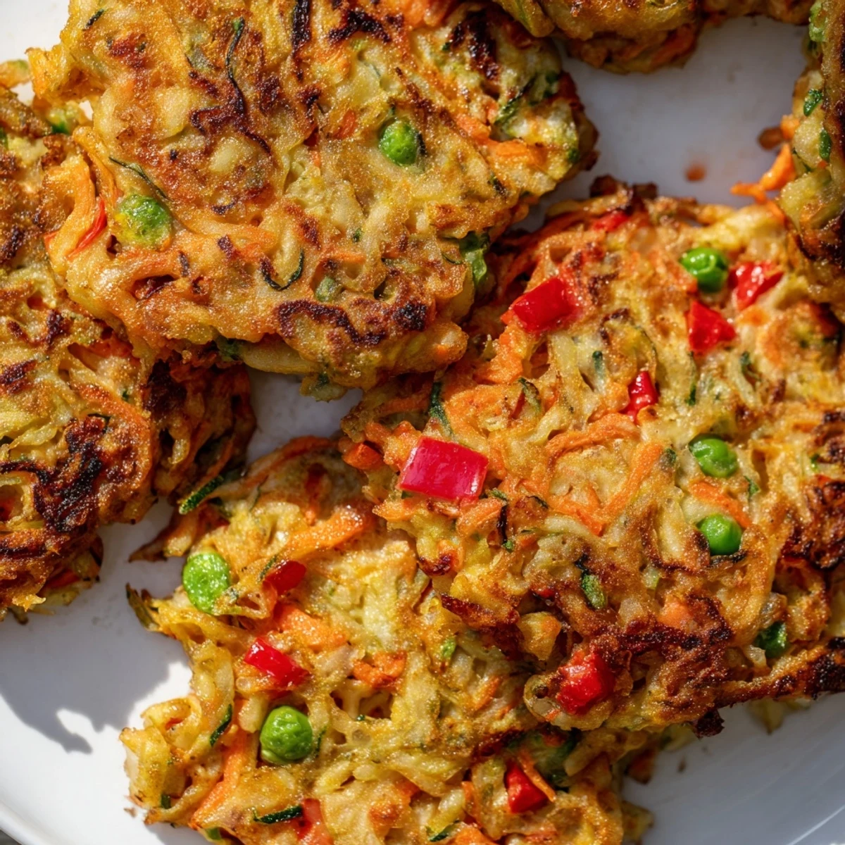 Golden brown crispy vegetable fritters pan-fried to perfection with colorful grated vegetables and herbs
