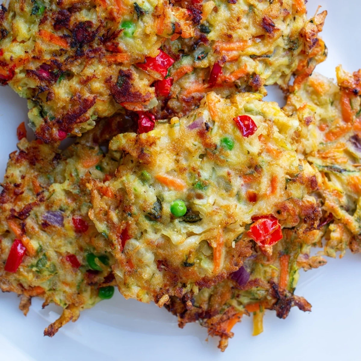 Homemade crispy vegetable fritters served on a white plate with fresh green parsley garnish