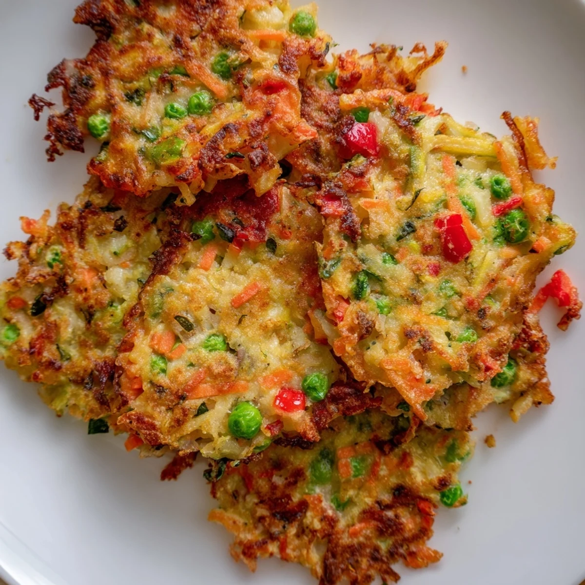 Plate of golden crispy vegetable fritters stacked high with a side of creamy yogurt dipping sauce
