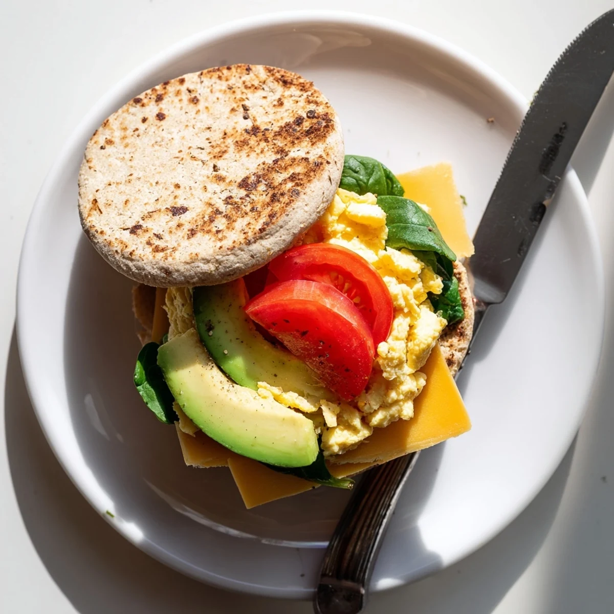 Golden stacked healthy breakfast sandwich with fluffy scrambled eggs, melted cheese, avocado, and fresh spinach on toasted whole grain English muffin
