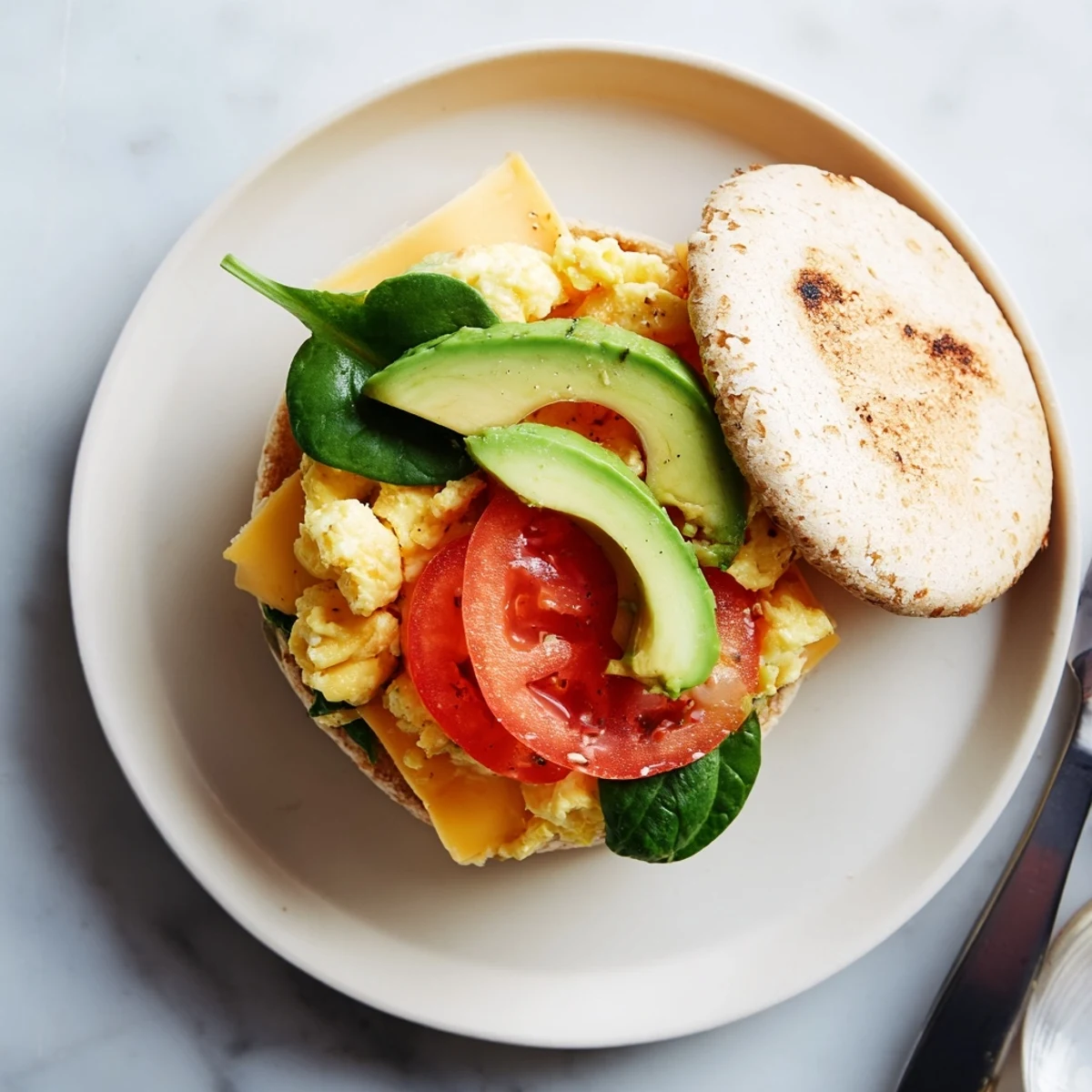 Homemade healthy breakfast sandwich featuring protein-packed scrambled eggs layered with ripe tomato slices, crisp spinach, and creamy avocado on grain-rich muffin