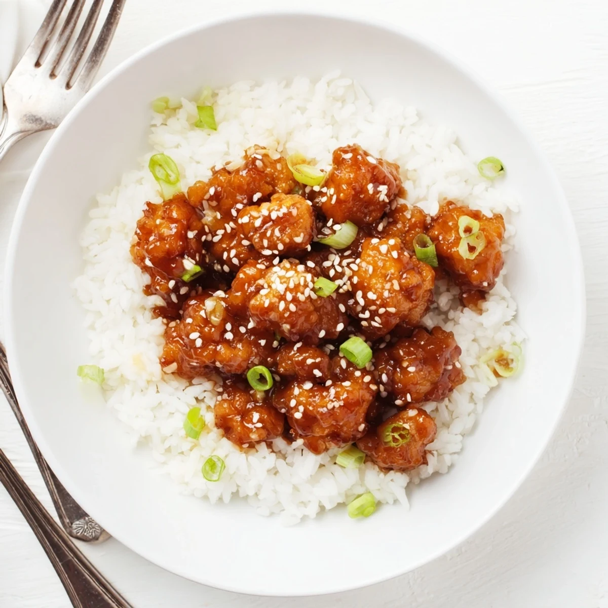 Golden glazed Quick Chicken Teriyaki pieces sprinkled with sesame seeds and fresh green onions over fluffy steamed white rice
