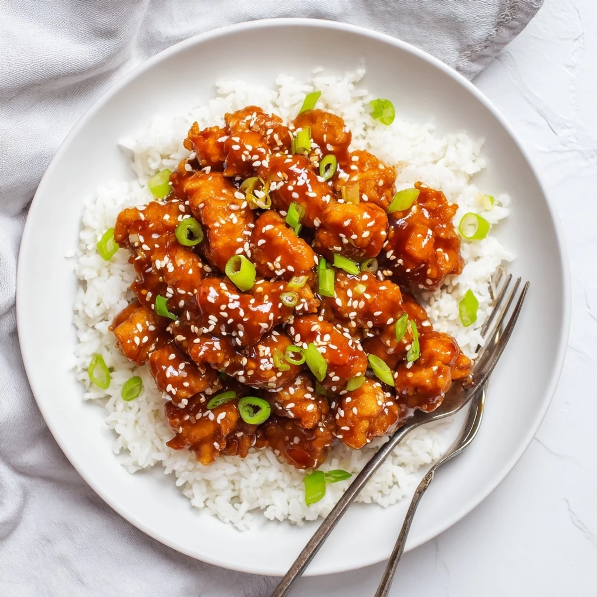 Tender bite-sized Quick Chicken Teriyaki coated in sticky sweet sauce atop a bed of Japanese steamed rice with toasted sesame topping