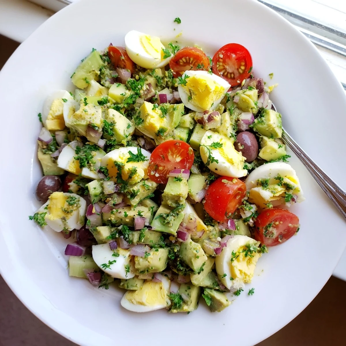 Creamy Mediterranean avocado egg salad bowl with fresh vegetables and zesty lemon dressing on white background