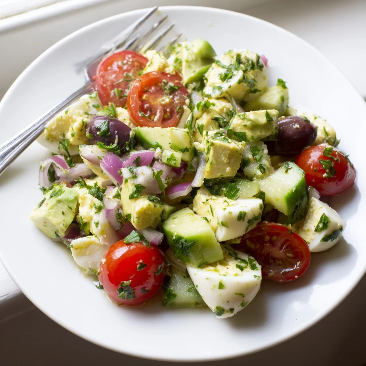 Vibrant Mediterranean avocado egg salad plated with cherry tomatoes, olives, cucumber, and chopped fresh parsley garnish