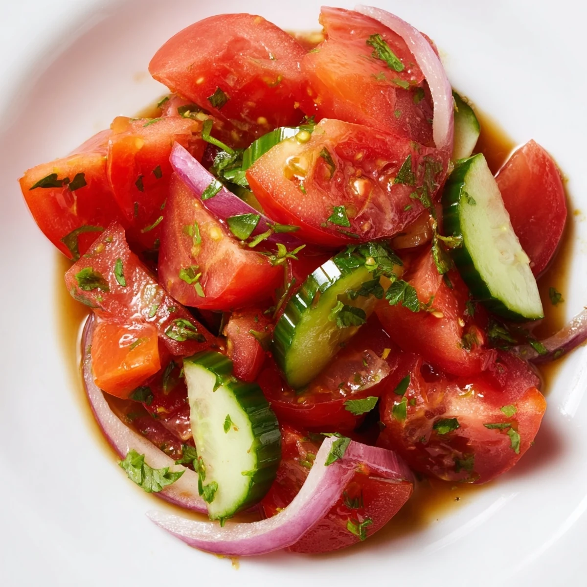 Fresh tomato, cucumber, and onion salad tossed in light vinaigrette with chopped parsley garnish
