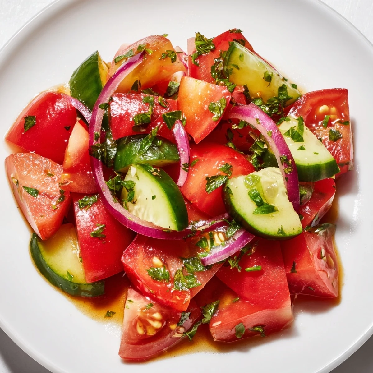 Crisp tomato, cucumber, and onion salad showcasing vibrant red and green vegetables in a serving bowl