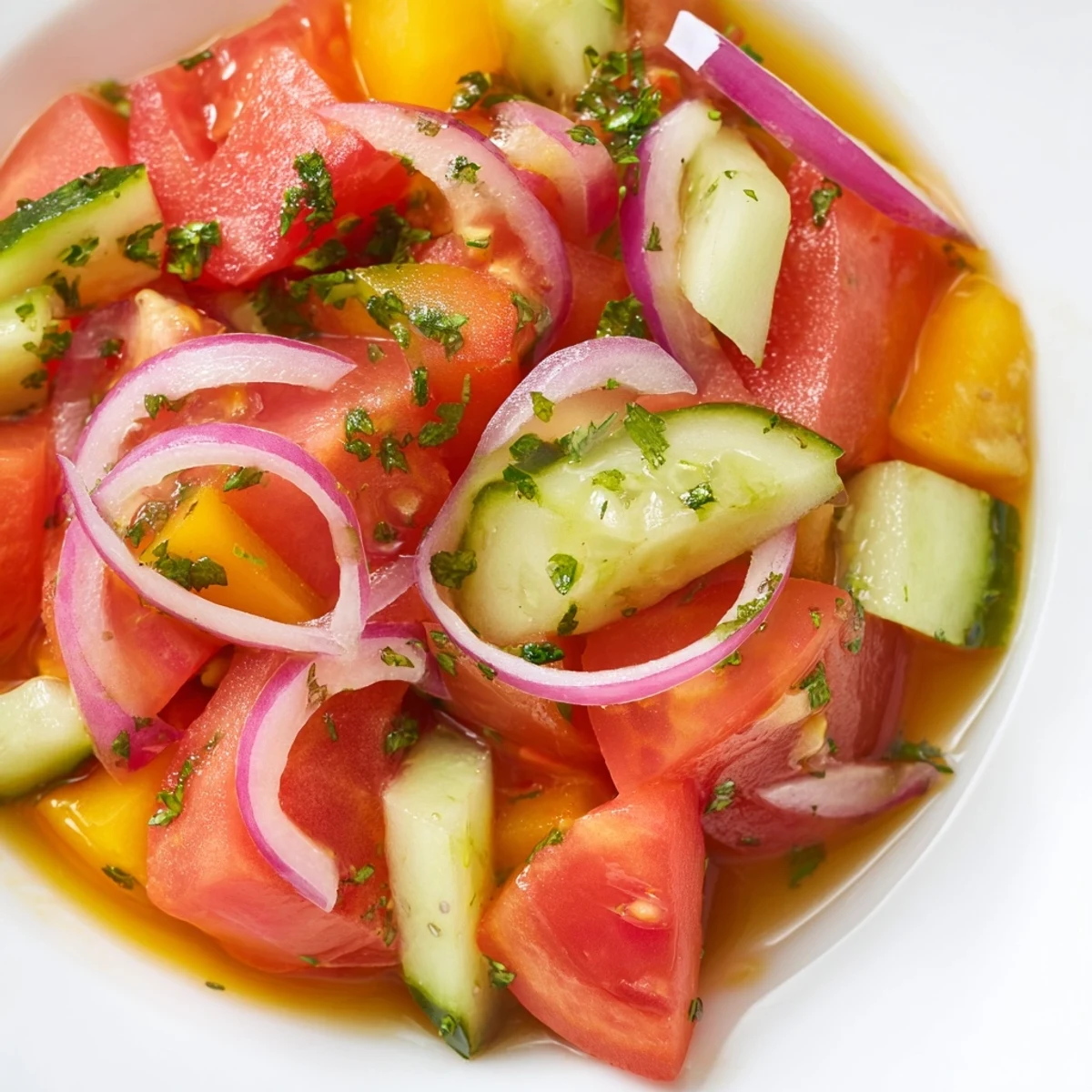 Summer-ready tomato, cucumber, and onion salad with glossy dressing and fresh herb toppings