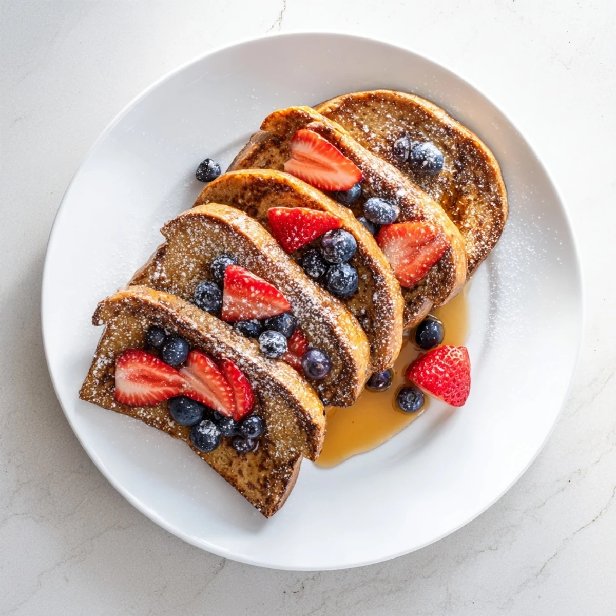 Golden vegan French toast slices topped with fresh berries and drizzled with maple syrup