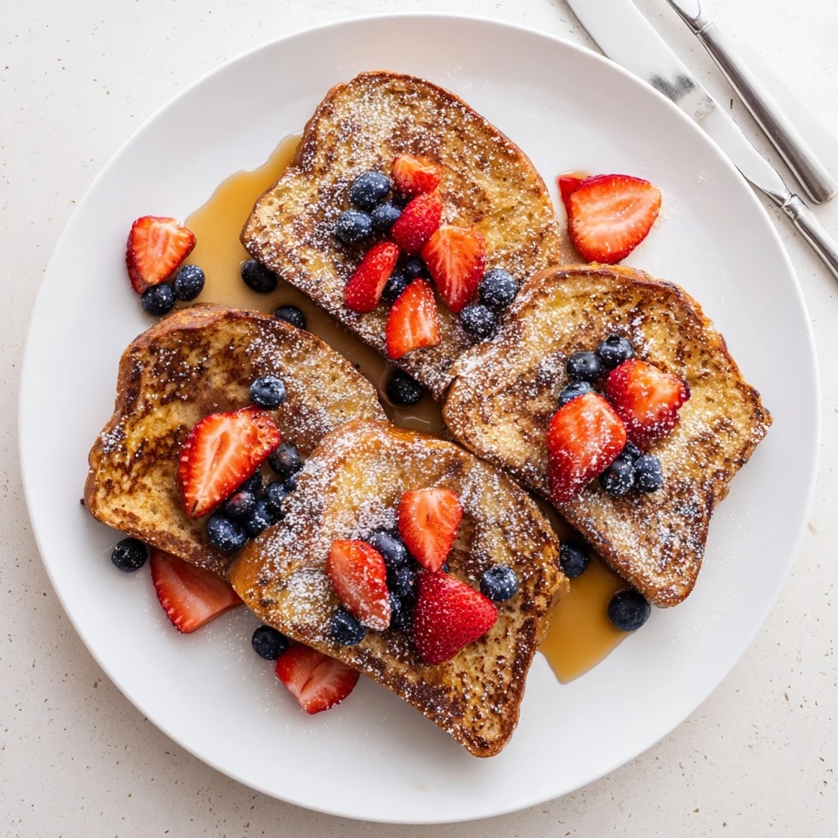 Crispy plant-based French toast sprinkled with powdered sugar on a white plate