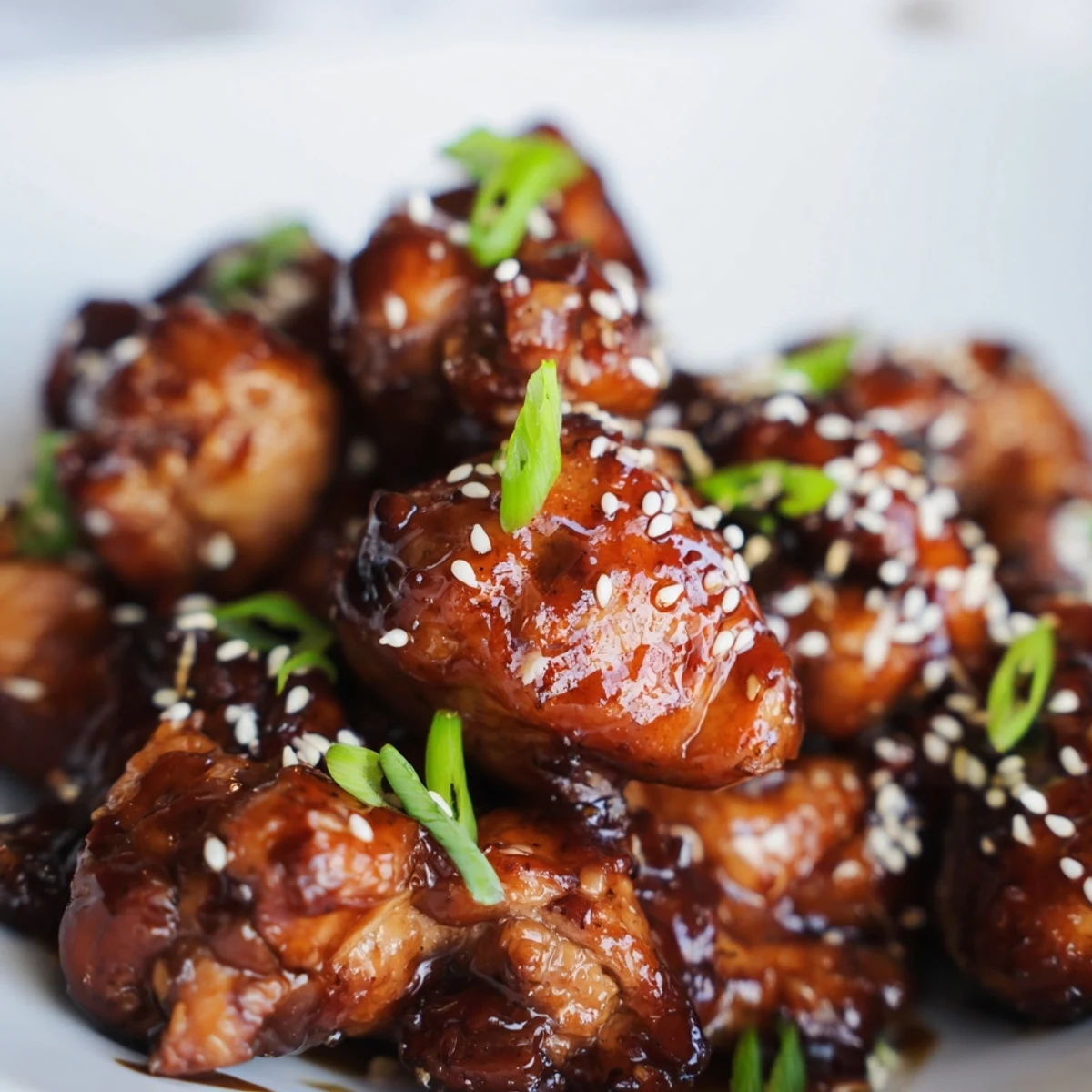 Golden honey chicken pieces coated in a thick glossy sweet glaze with sesame seeds