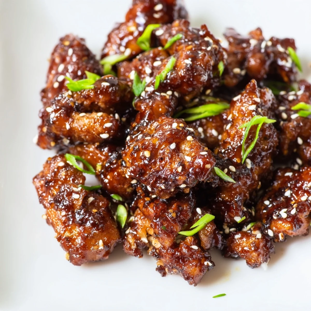 Tender sticky honey chicken drizzled with caramelized sauce and garnished with fresh green onions