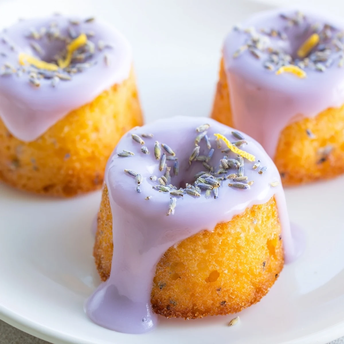 Golden mini lemon cakes drizzled with purple lavender glaze and garnished with fresh zest