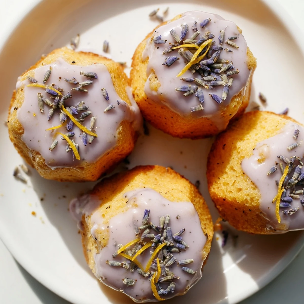Moist lemon mini cakes topped with fragrant lavender glaze on a white serving plate