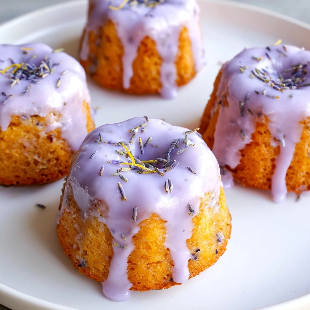 Bundt-shaped lemon cakes with floral lavender icing and dried lavender bud sprinkles