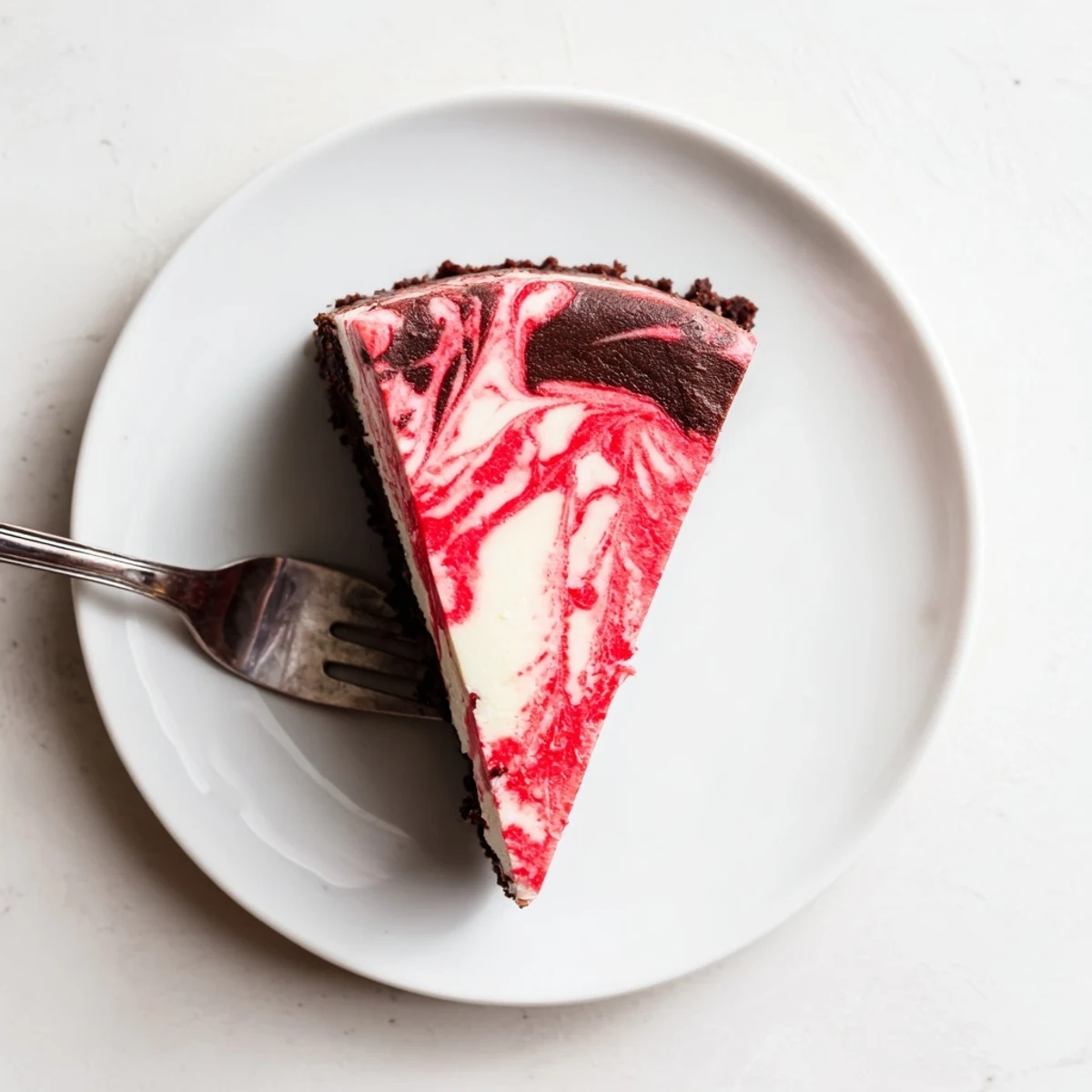 Rich chocolate strawberry swirl cheesecake dessert with graham cracker crust and berry swirls