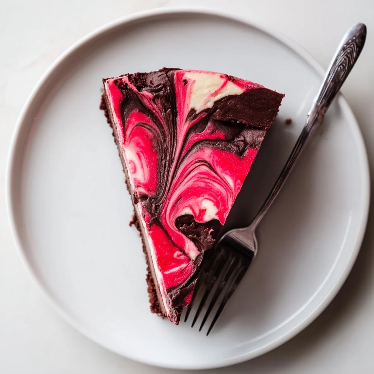 Decadent chocolate strawberry swirl cheesecake showing marbled strawberry pattern against chocolate base