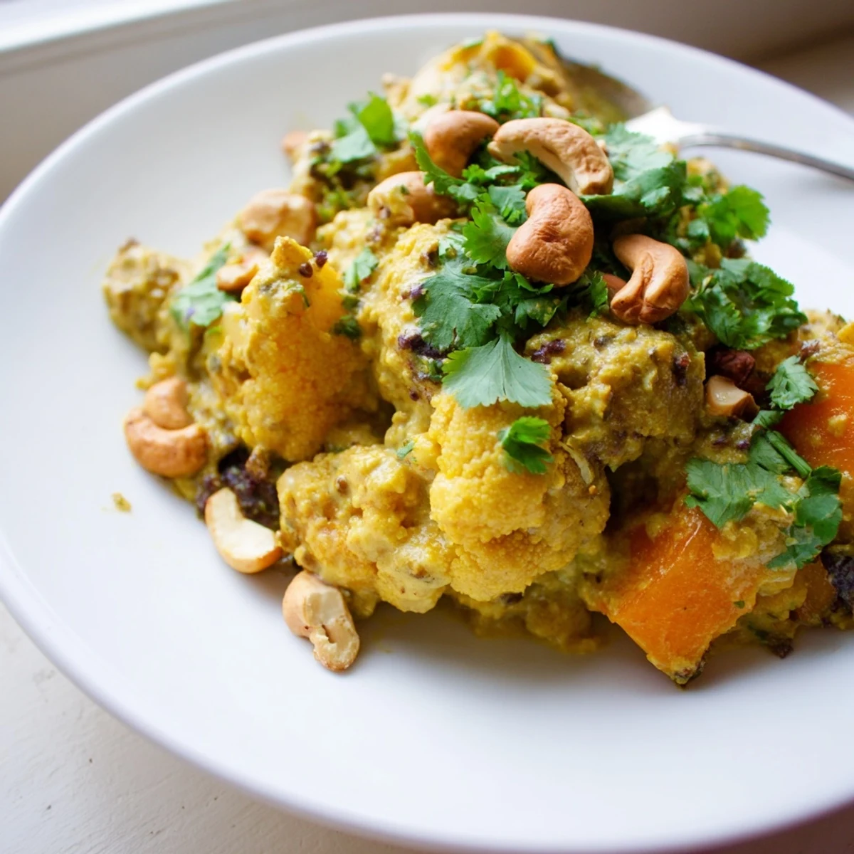Creamy kumara cauliflower and cashew korma curry served over fluffy white basmati rice with fresh cilantro garnish