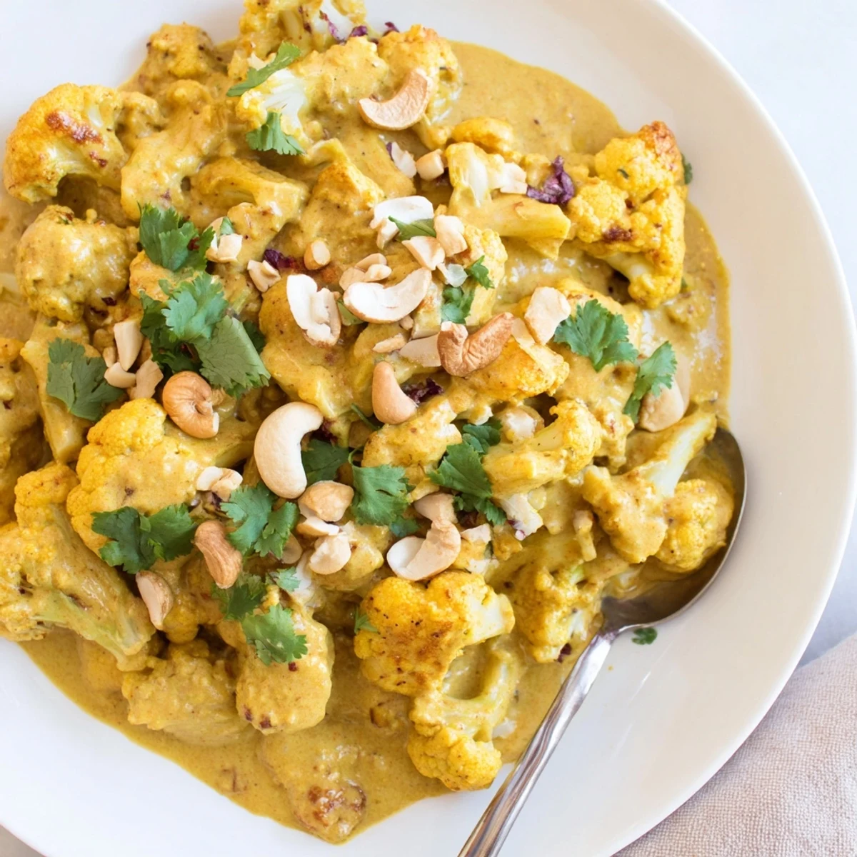 Golden kumara pieces and tender cauliflower florets swimming in rich coconut cashew korma sauce topped with toasted nuts