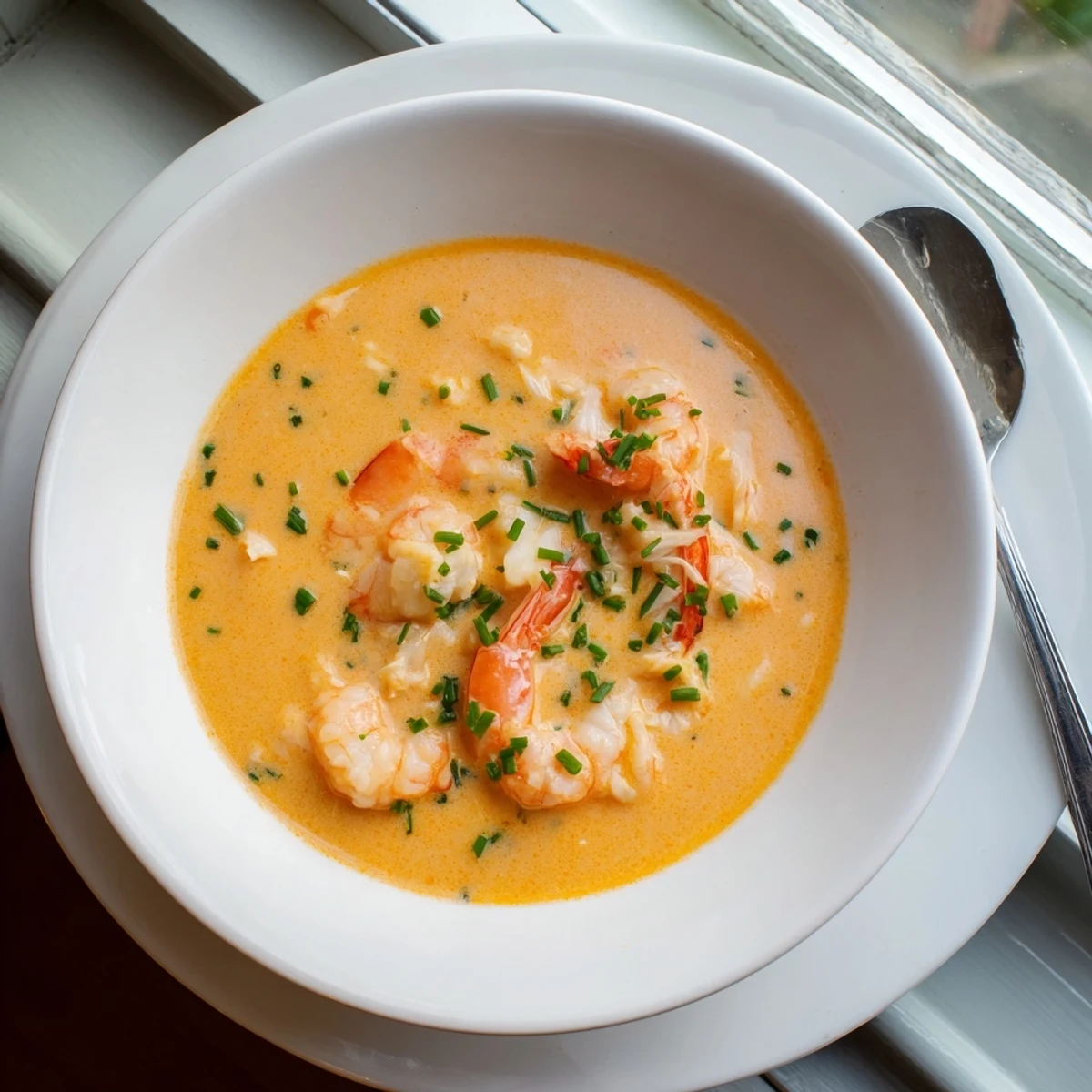 Creamy seafood bisque featuring tender crab and shrimp in a smooth orange-hued bowl
