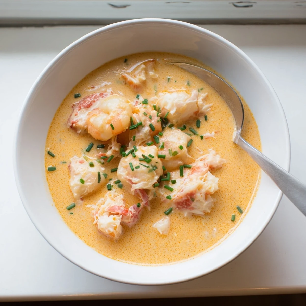 Velvety crab and shrimp bisque ladled into white bowls with herb sprinkles on top