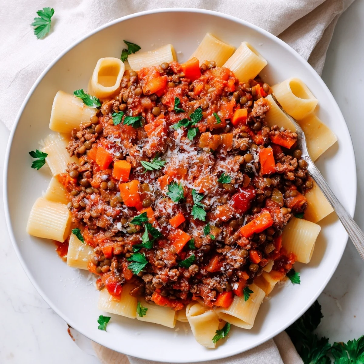 Hearty healthy beef and lentil bolognese sauce served over pasta with fresh basil garnish