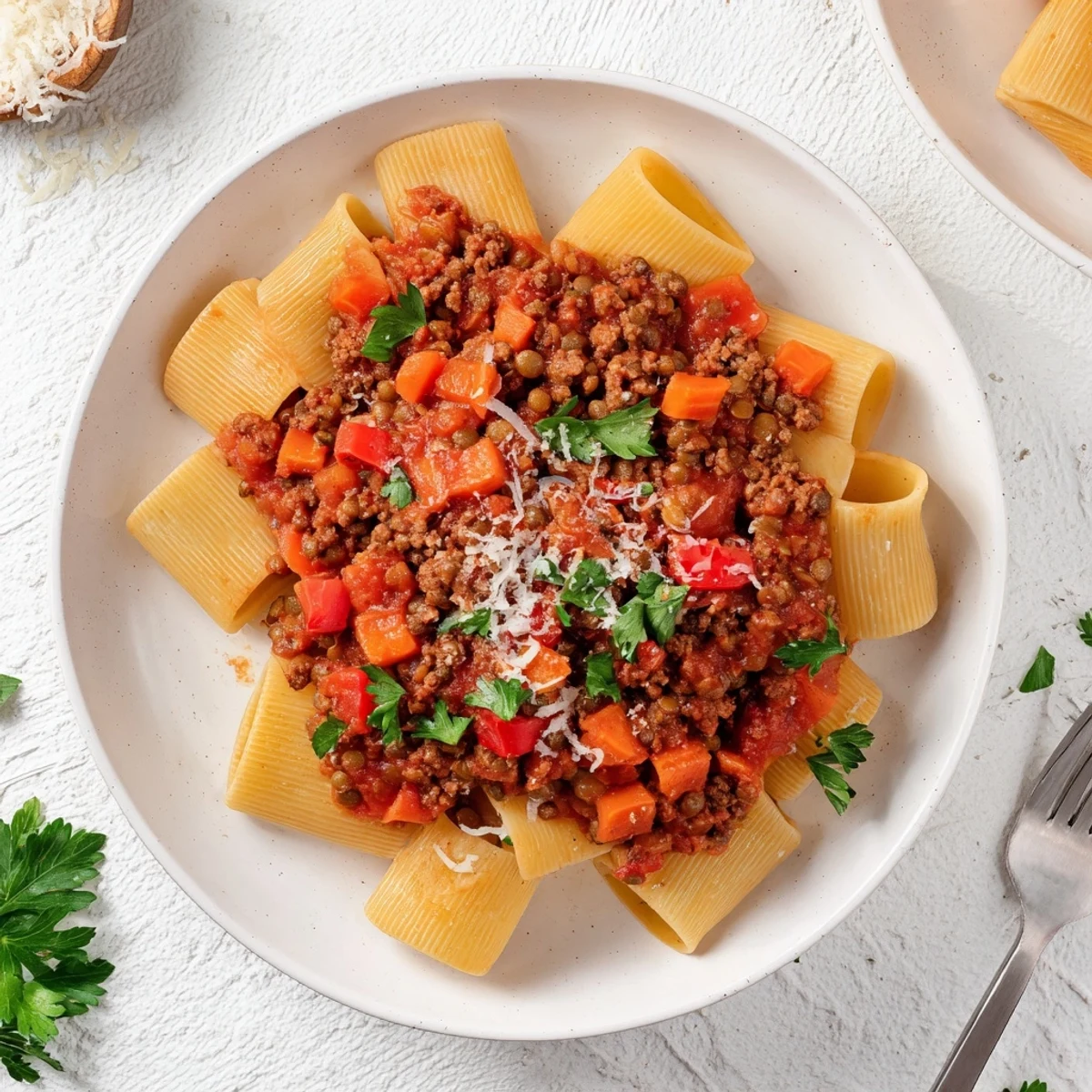 Thick rich healthy beef and lentil bolognese simmering in a Dutch oven with vegetables