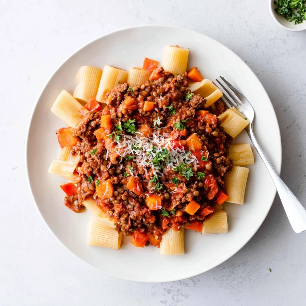 Savory healthy beef and lentil bolognese topped with grated Parmesan over whole wheat noodles
