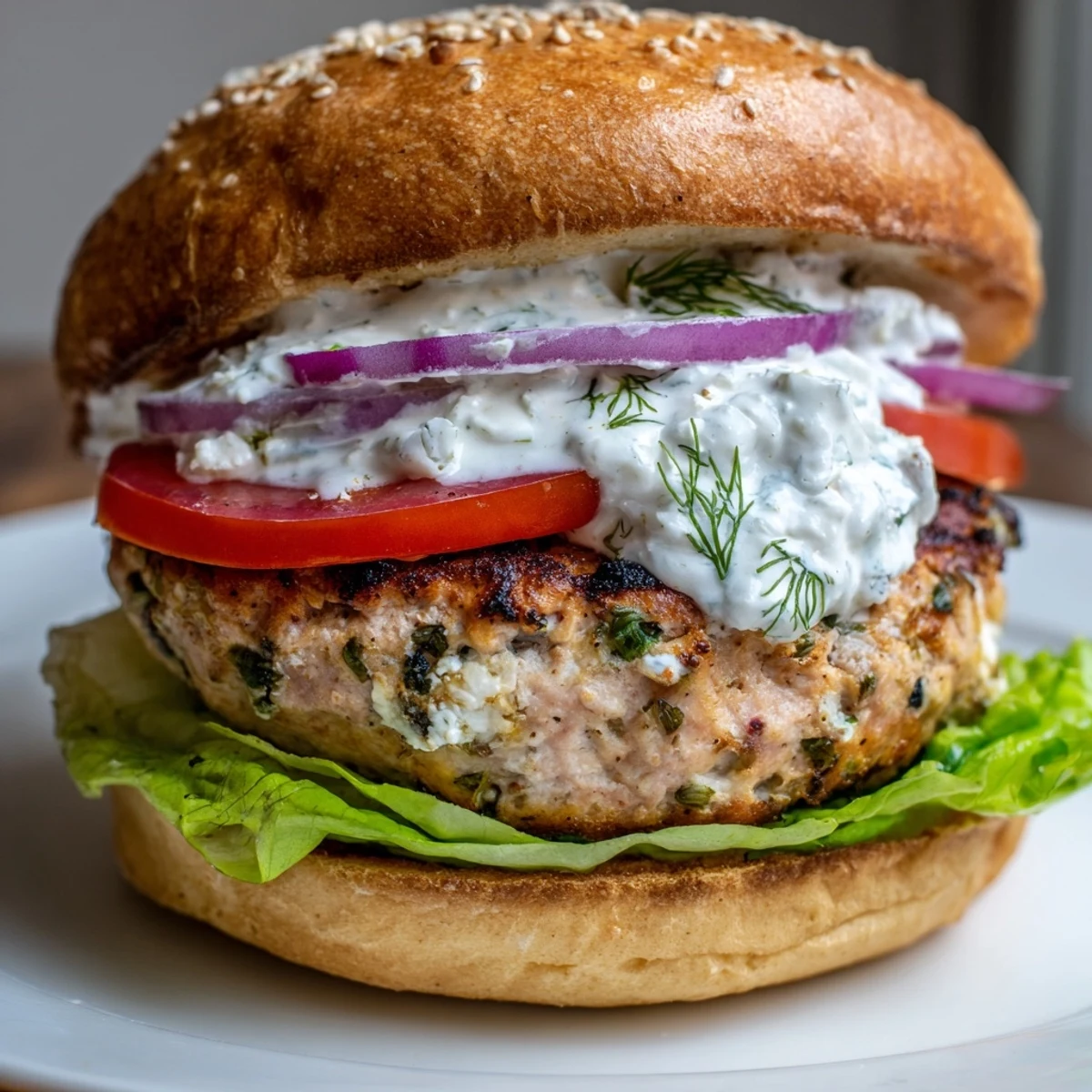Golden brown Greek chicken burgers topped with cool tzatziki sauce on toasted buns