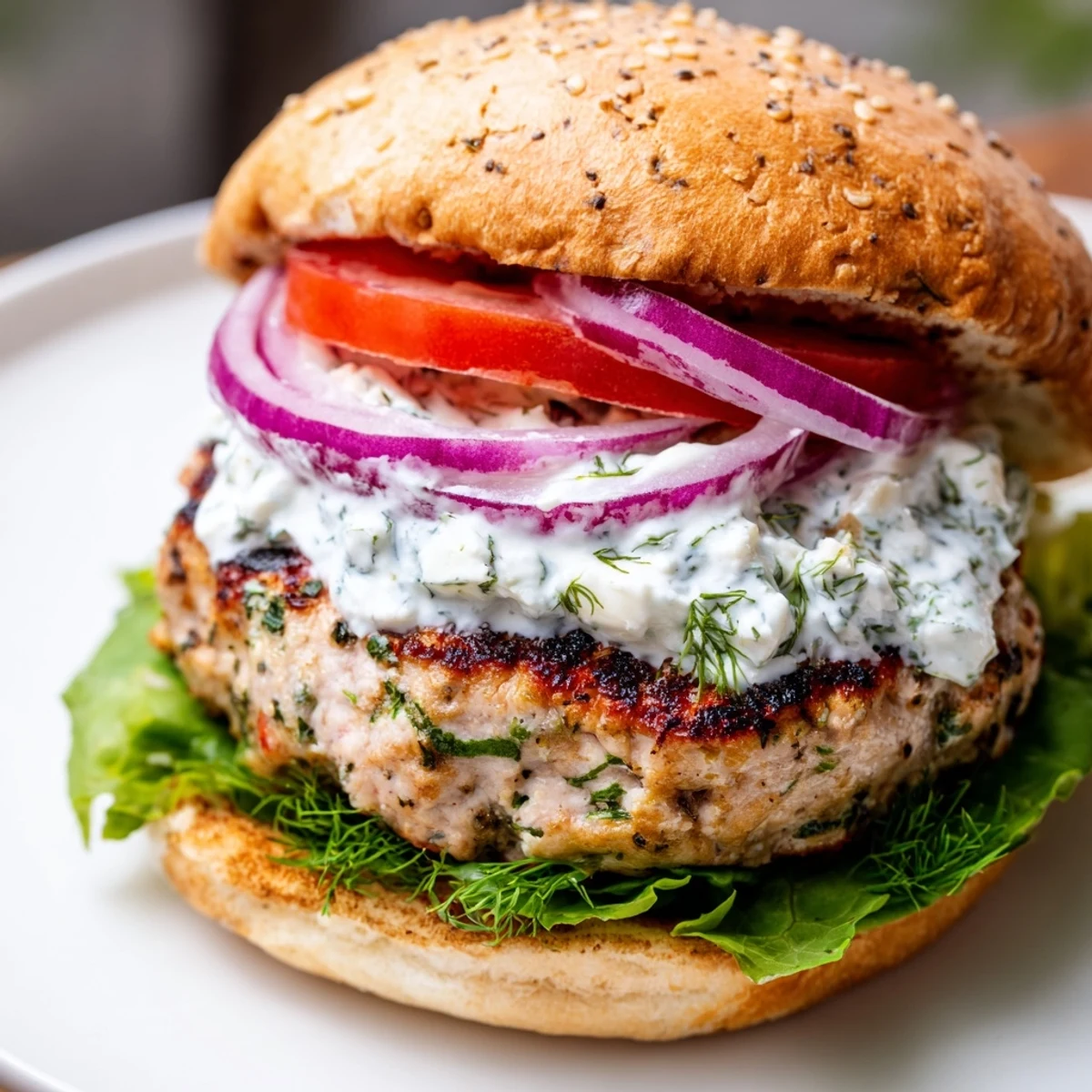 Homemade Greek chicken burgers piled with fresh lettuce tomato and creamy tzatziki