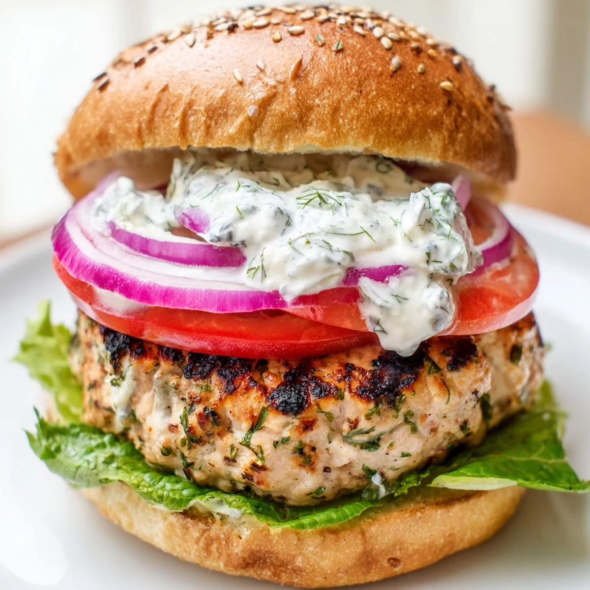 Mediterranean style Greek chicken burgers with crisp vegetables and zesty yogurt sauce