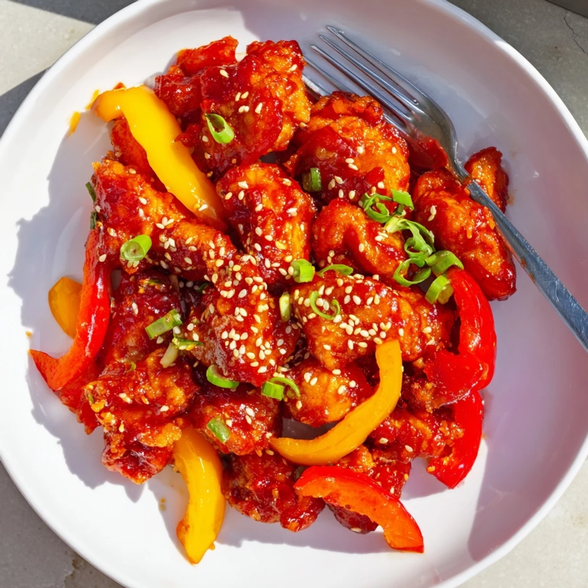 Golden brown spicy dragon chicken glazed in sticky red sauce with colorful bell pepper slices