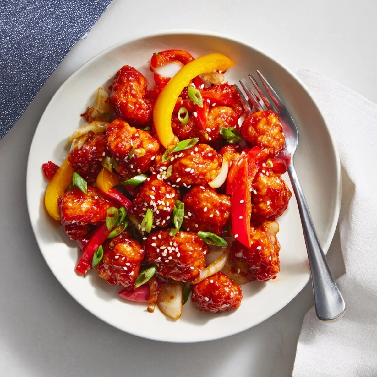 Tender pieces of spicy dragon chicken coated in fiery sauce topped with sesame seeds
