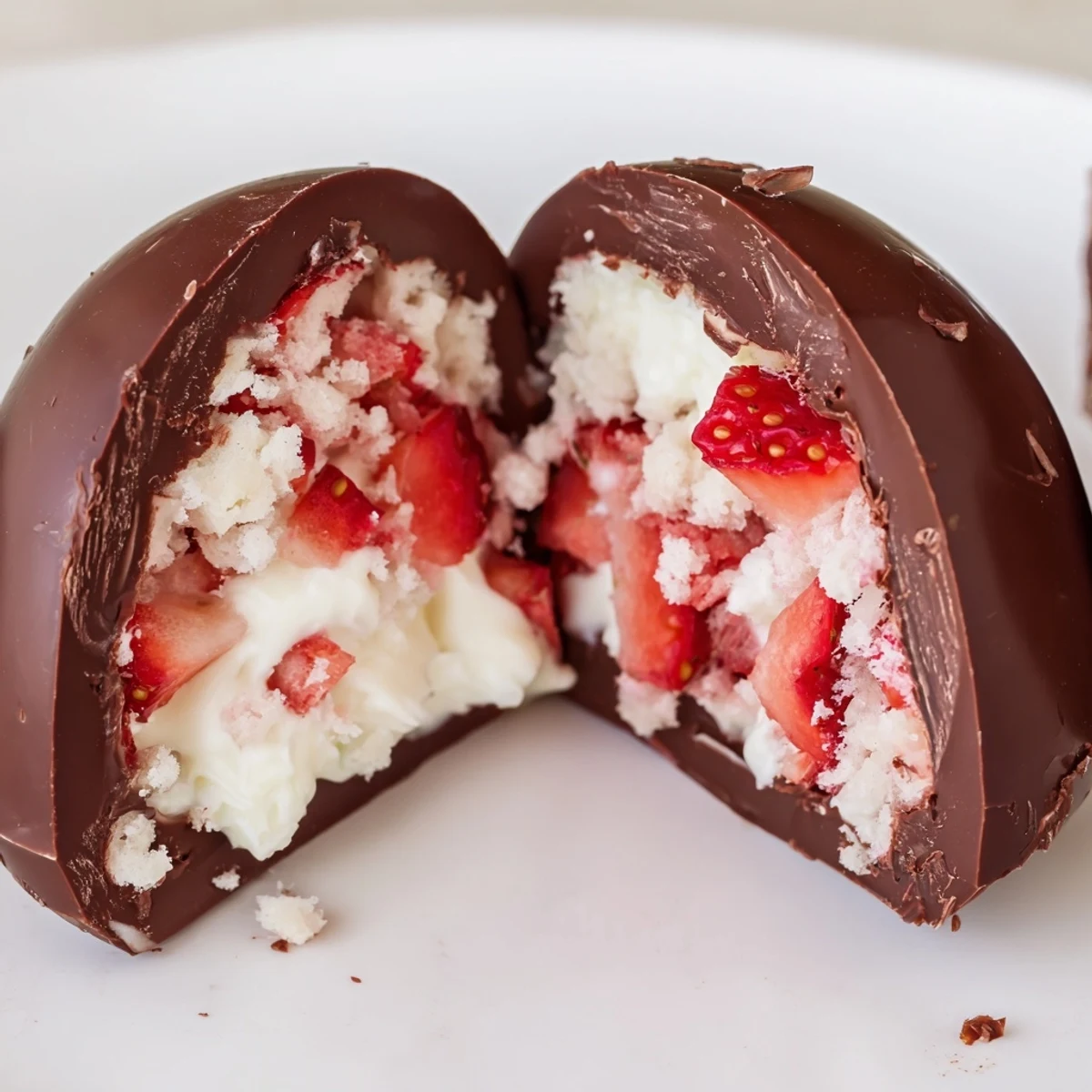 Golden chocolate Easter egg filled with fluffy whipped cream and fresh red strawberries