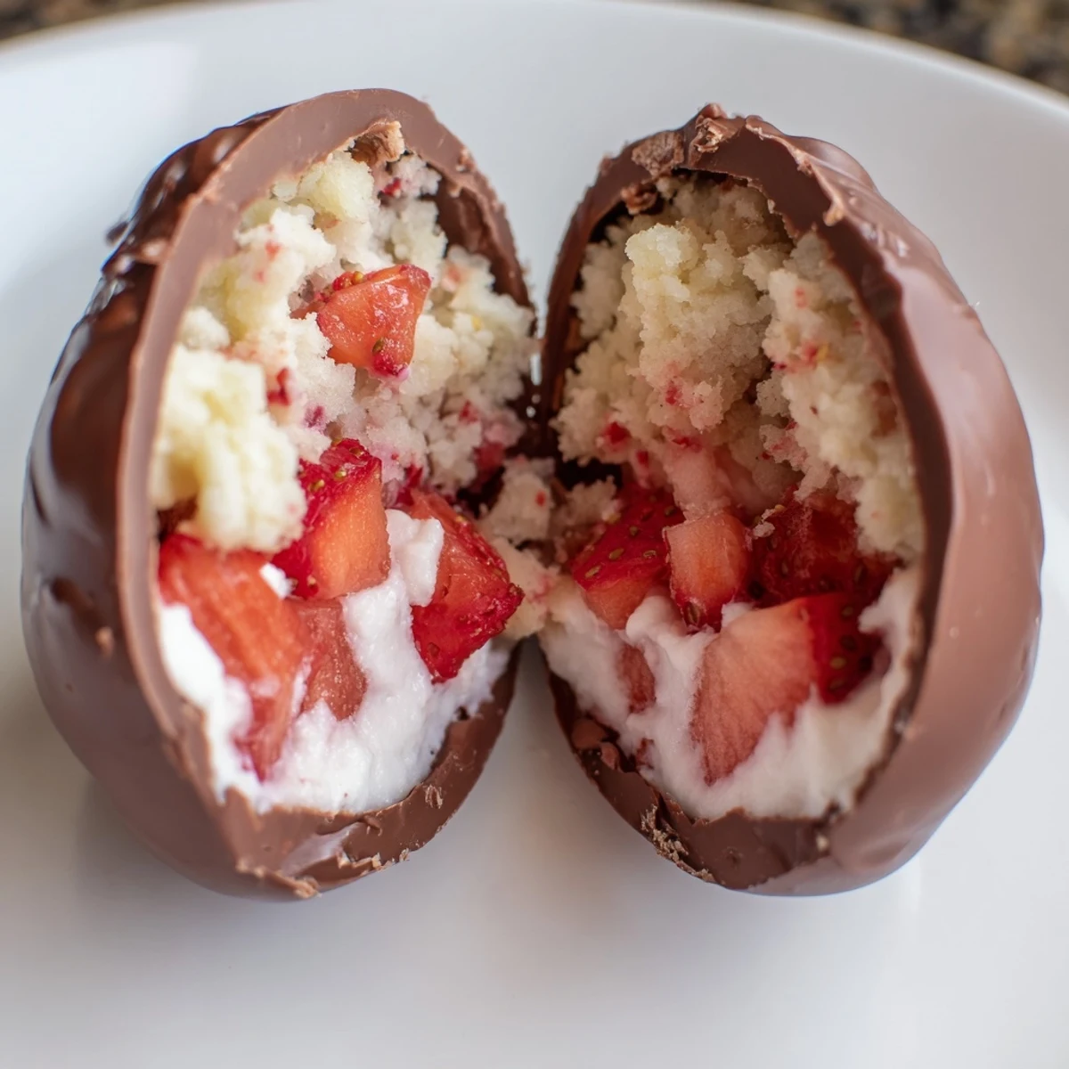 Whimsical dessert featuring crumbled tender shortcake layered inside a crisp white chocolate shell