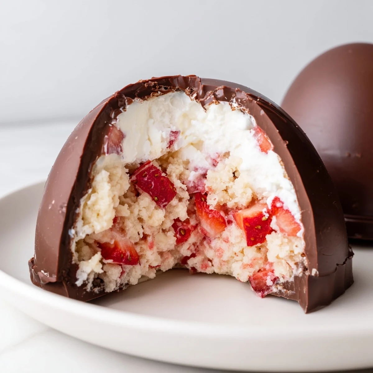 Festive spring treat with sweet strawberry filling peeking through pastel chocolate Easter egg