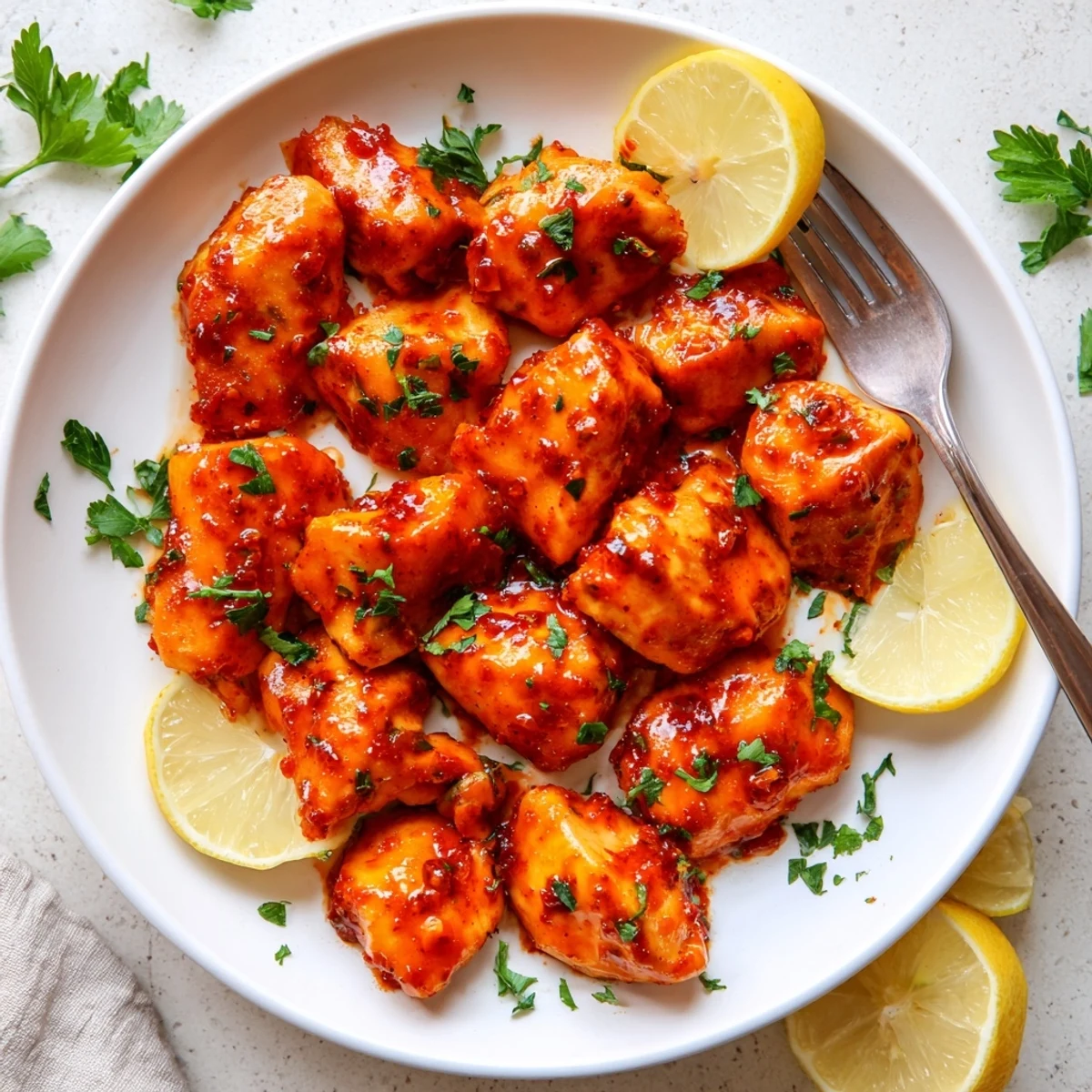 Golden chicken breasts glazed with sweet spicy Diablo sauce and fresh parsley garnish