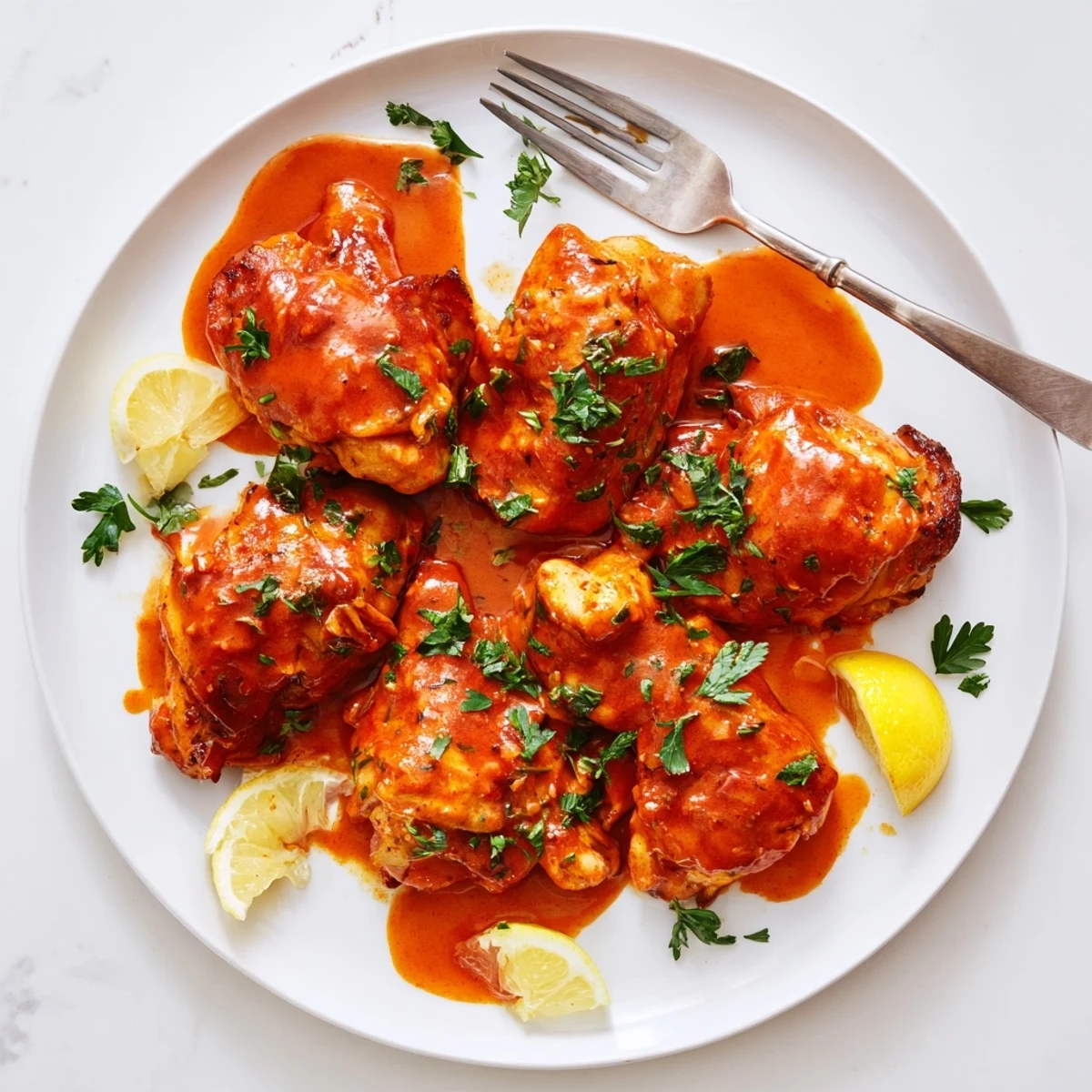 Savory Chicken Diablo bubbling in a skillet with vibrant red honey mustard coating